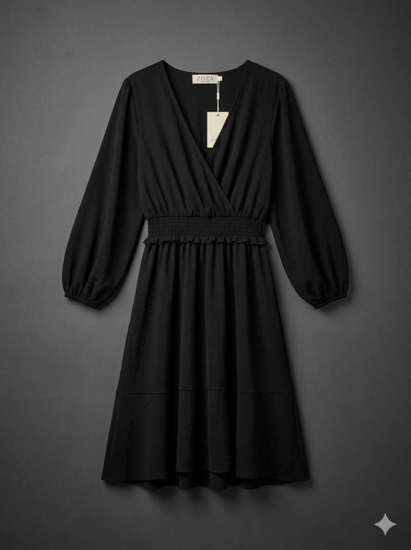 Zoza Black Midi Dress with Bishop Sleeves — Elegant Long Sleeve Dress for Women
