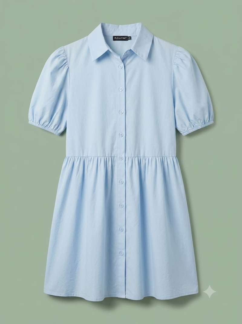 Pretty Little Thing Baby Blue Mini Dress with Puff Sleeves, Button Front & Elasticated Waist — Feminine Short Dress for Women